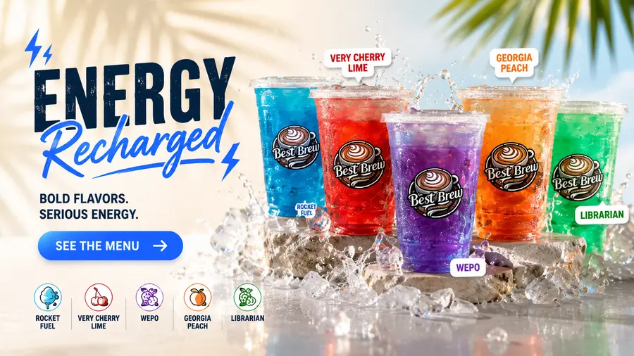 Best Brew On The Go — Energy Recharged: Rocket Fuel, Very Cherry Lime, WEPO, Georgia Peach, and Librarian energy drinks